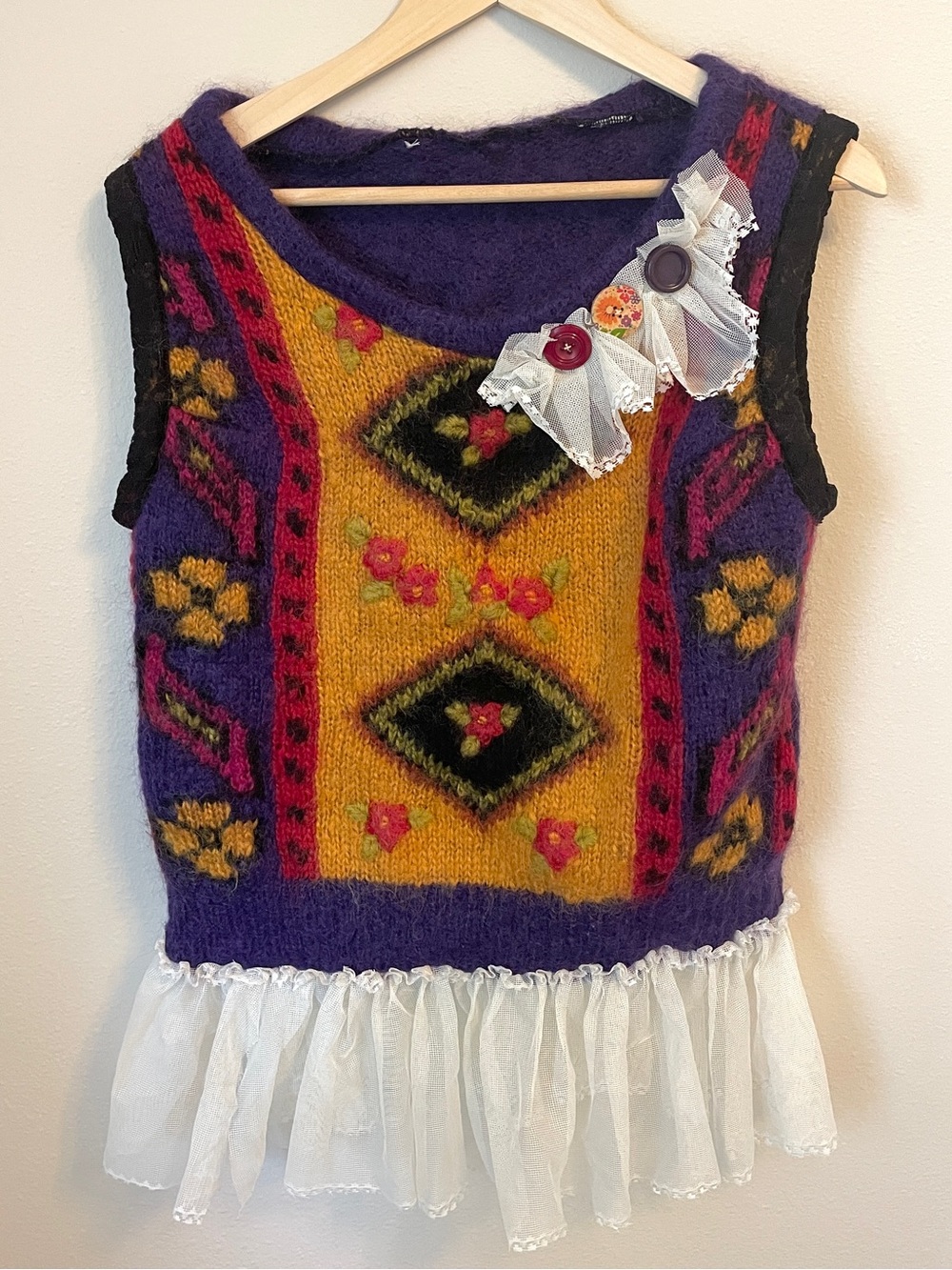 Vintage Boho Patchwork Sweater Vest Lace Ruffle Cottagecore Top - Fits M